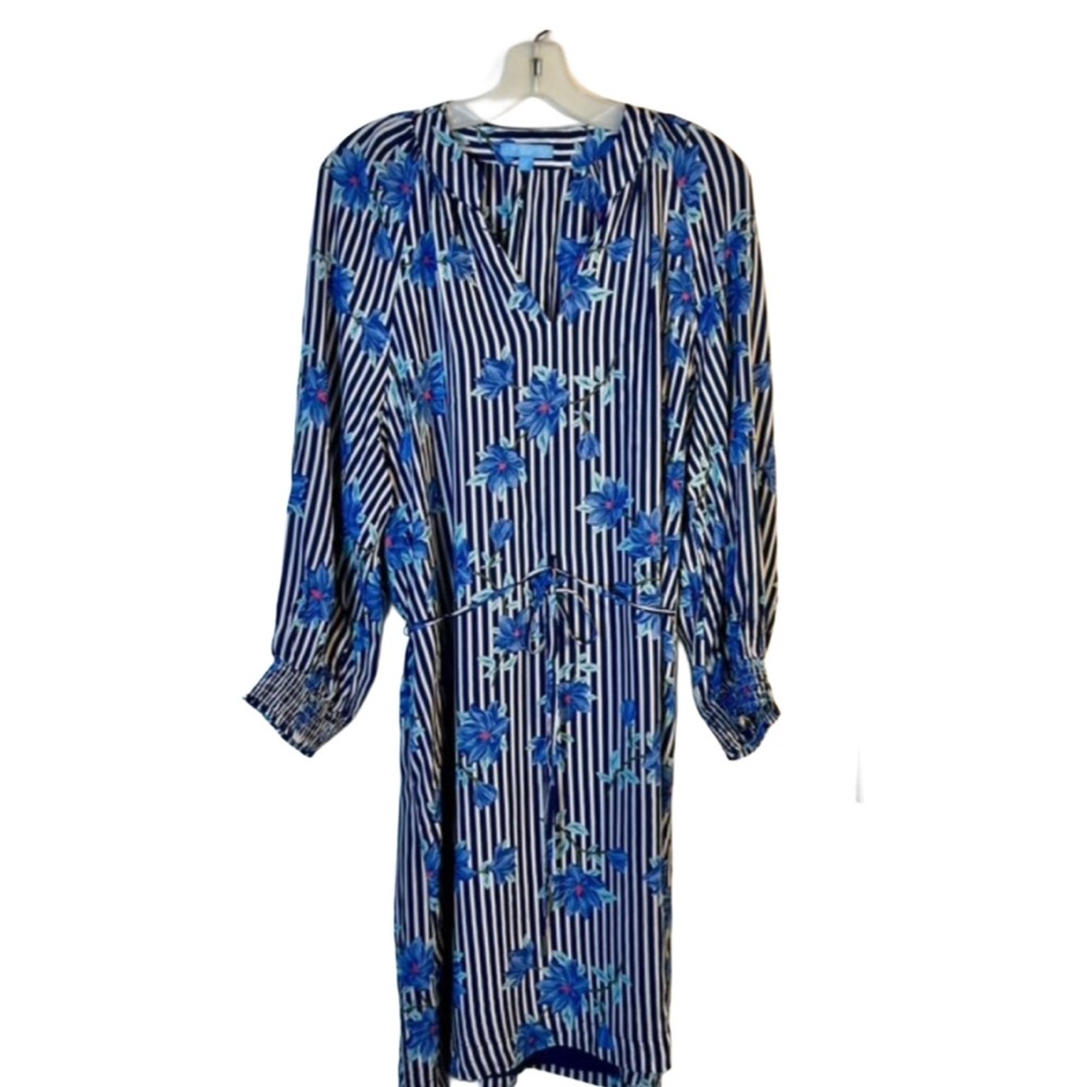 Draper James RSVP V-Neck Smocked Sleeve Dress Blue Floral Stripe Size L NWT